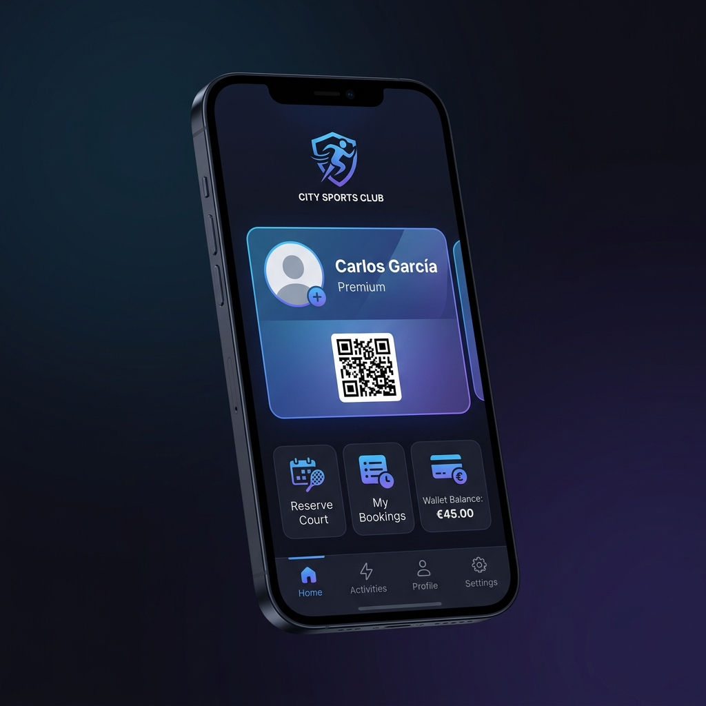 App móvil DeporSync con carnet digital y acciones rápidas